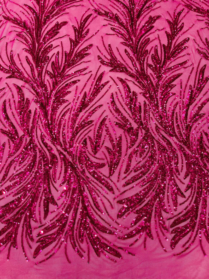 Feather Wing Shiny Sequin Design on a 4 Way Stretch mesh Fabric-Prom-Sold by The Yard.