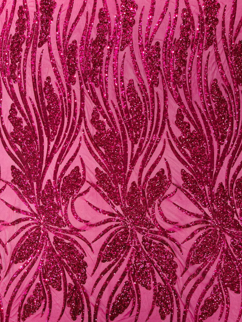 Feather damask shiny sequin design on a 4 way stretch mesh Fabric-prom-sold by The yard.