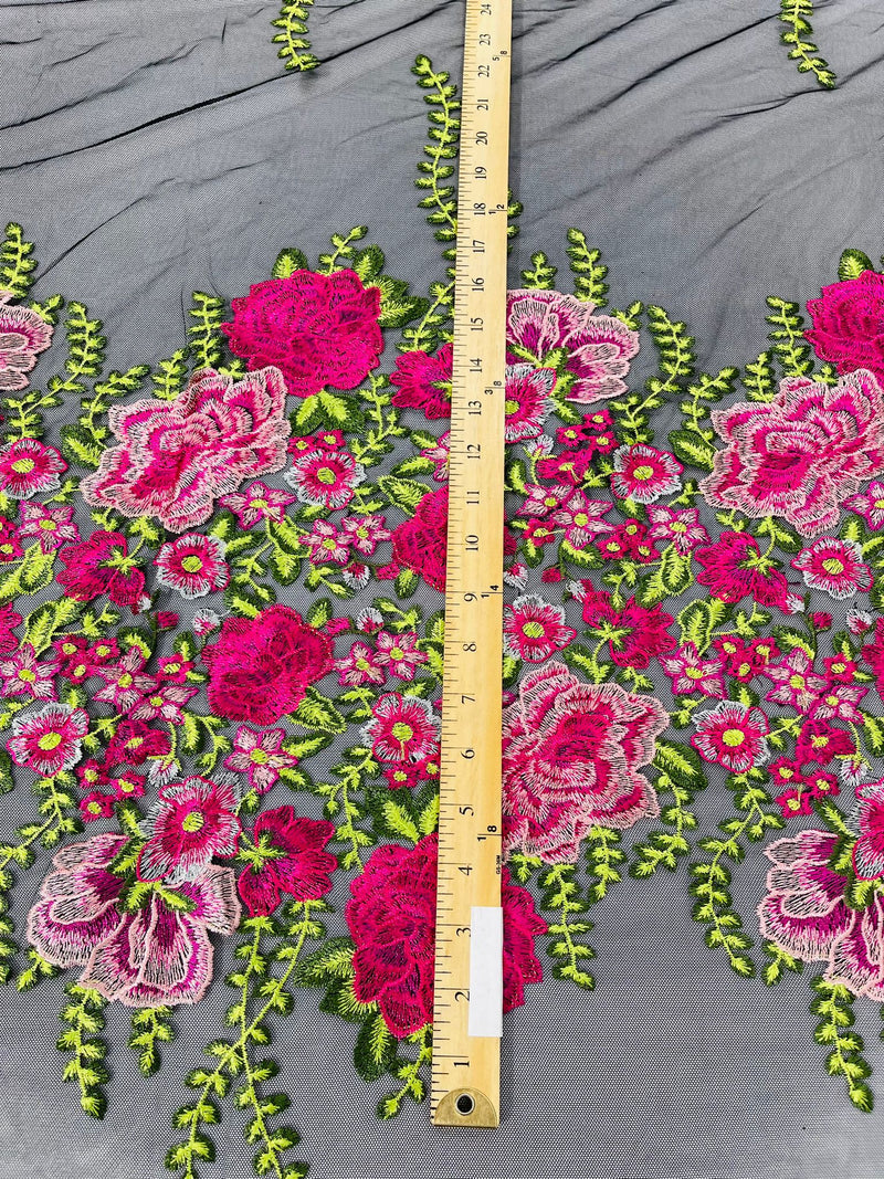 Roses Multi Color Floral Design Embroider On Mesh Lace Fabric (by the yard)
