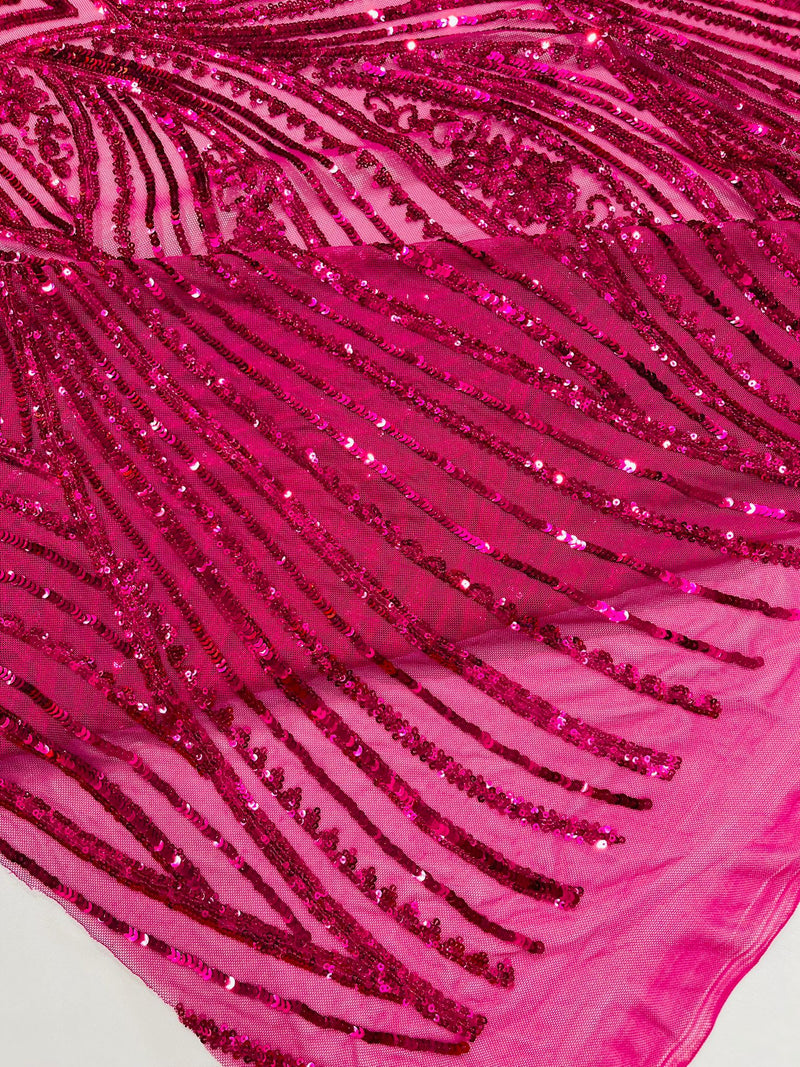 Geometric Feather wing shiny sequin design on a 4 way stretch mesh Fabric-prom-sold by the yard.