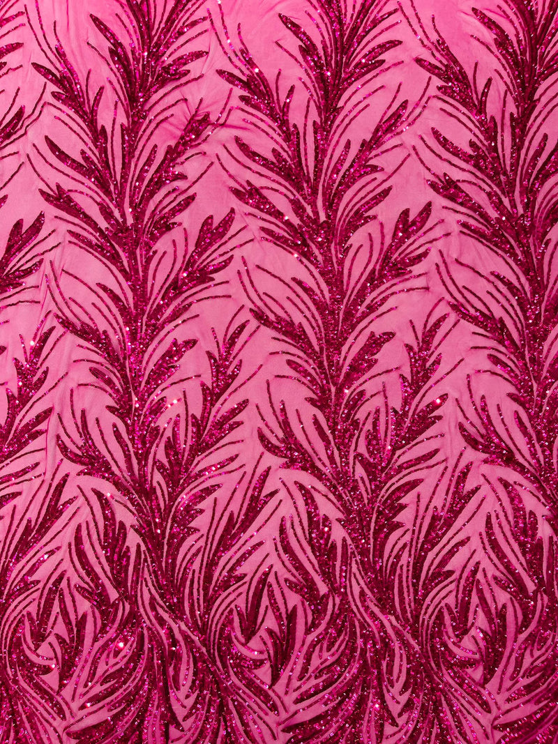 Feather Wing Shiny Sequin Design on a 4 Way Stretch mesh Fabric-Prom-Sold by The Yard.