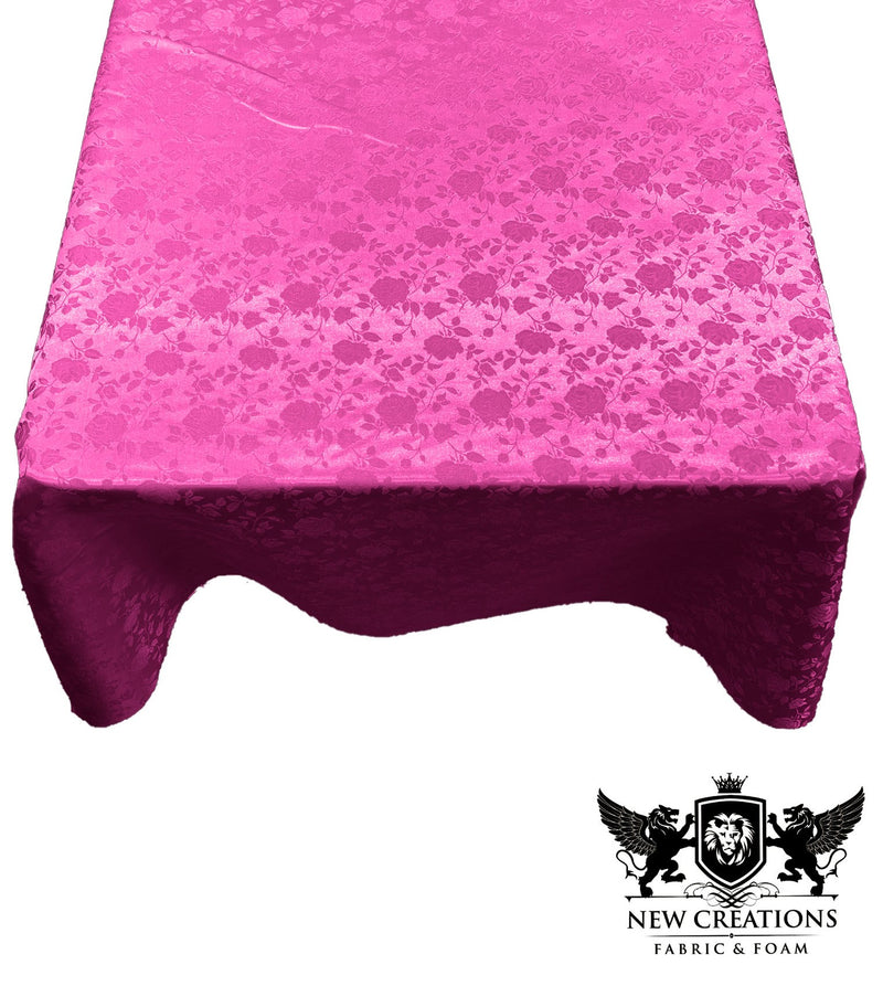 Fuchsia Square Tablecloth Roses Jacquard Satin Overlay for Small Coffee Table Seamless. (58" Inches x 58" Inches)