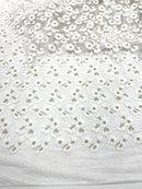 Ivory/Gold metallic French inspired embroidered lace fabric| New Creations Fabric & Foam Inc.
