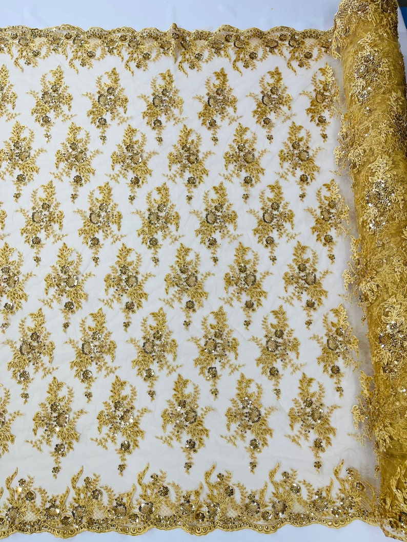 Gold french design embroider and hand beaded on a mesh lace.36x50inches-prom-nightgown-decorations-dresses-Sold by the yard.