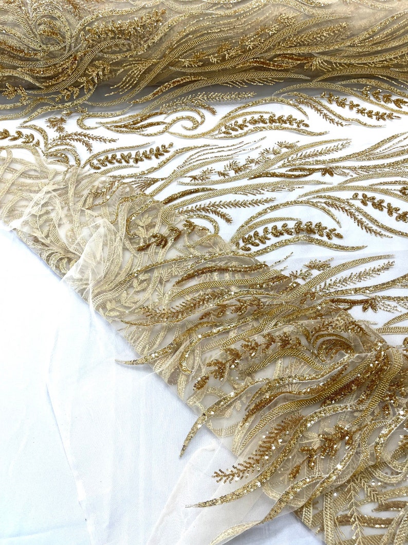 FEATHER BEADED LACE ON MESH FABRIC (By The Yard)