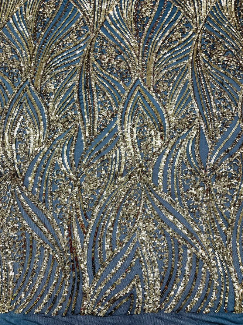 Geometric Feather wing shiny sequin design on a 4 way stretch mesh Fabric-prom-sold by the yard.