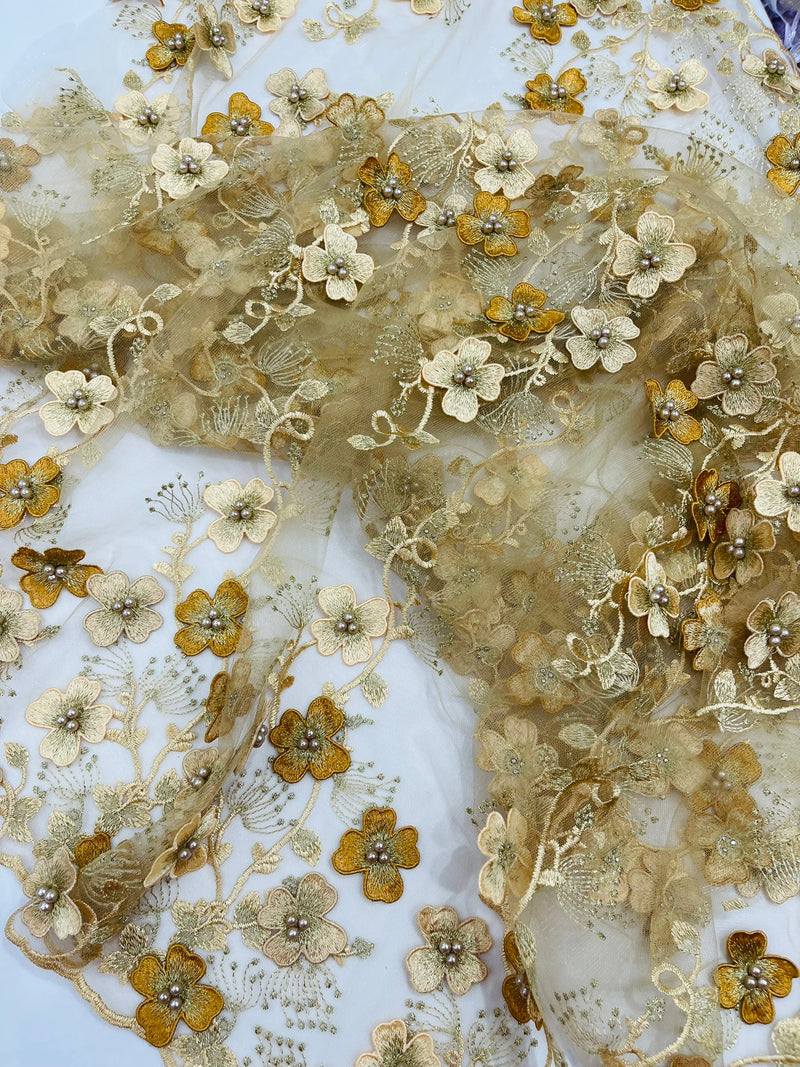 Multi Color 3D Floral Design Embroider with Pearls in a Mesh Lace Fabric -Sold by the yard.