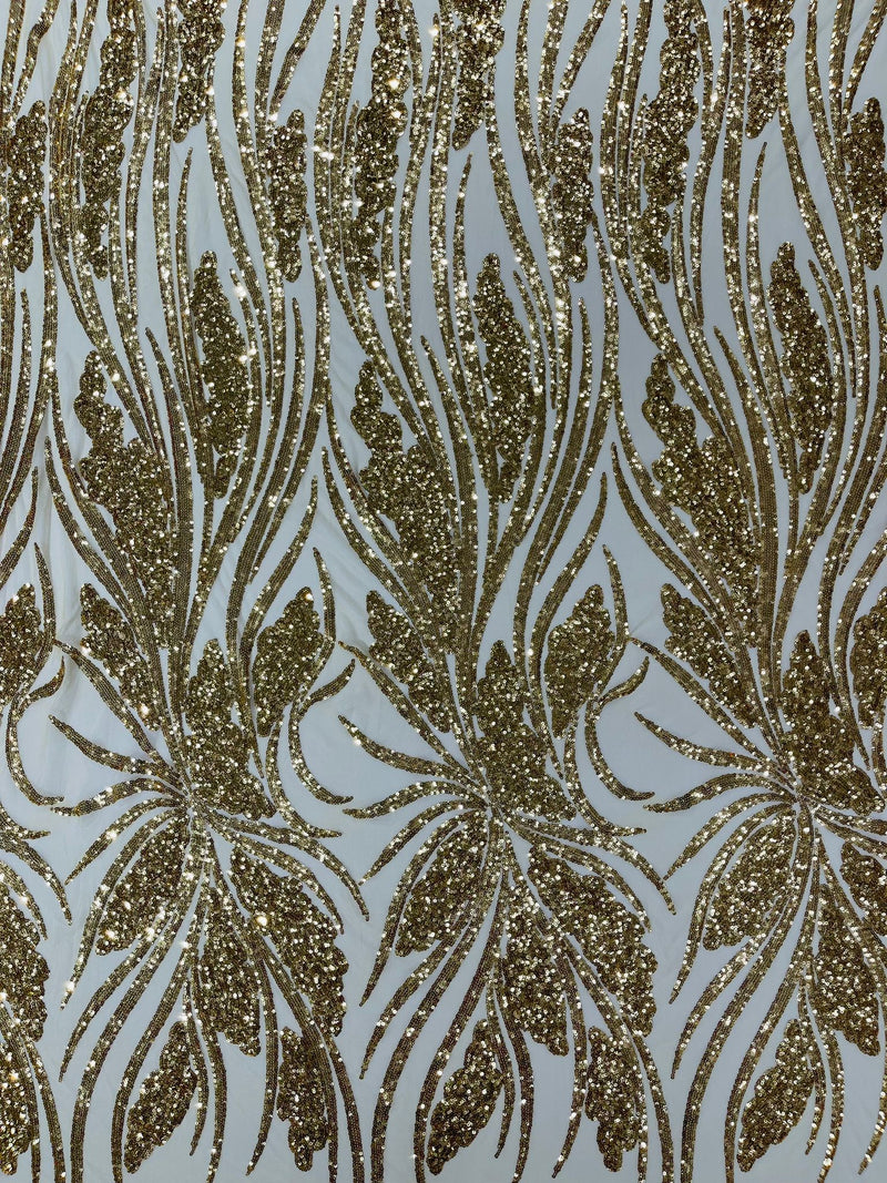 Feather damask shiny sequin design on a 4 way stretch mesh Fabric-prom-sold by The yard.