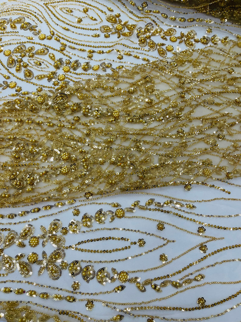 Modern Luxury Beaded Fabric Embroidered on a Mesh Lace, Sold by The Yard.