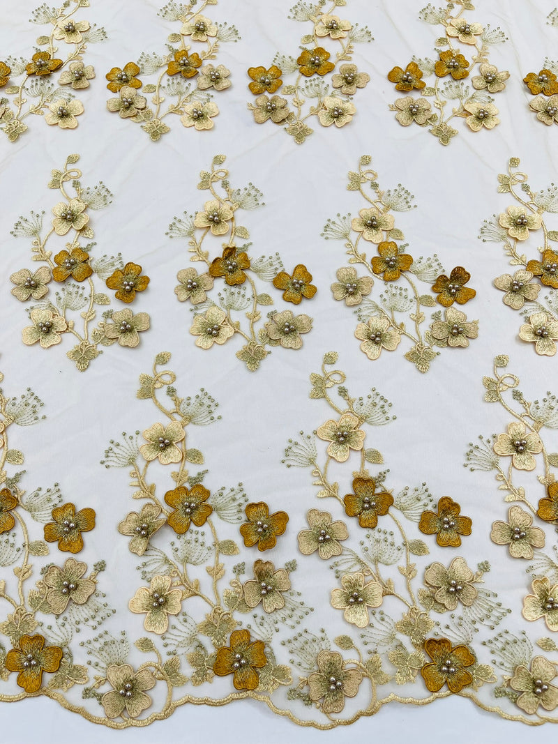 Multi Color 3D Floral Design Embroider with Pearls in a Mesh Lace Fabric -Sold by the yard.