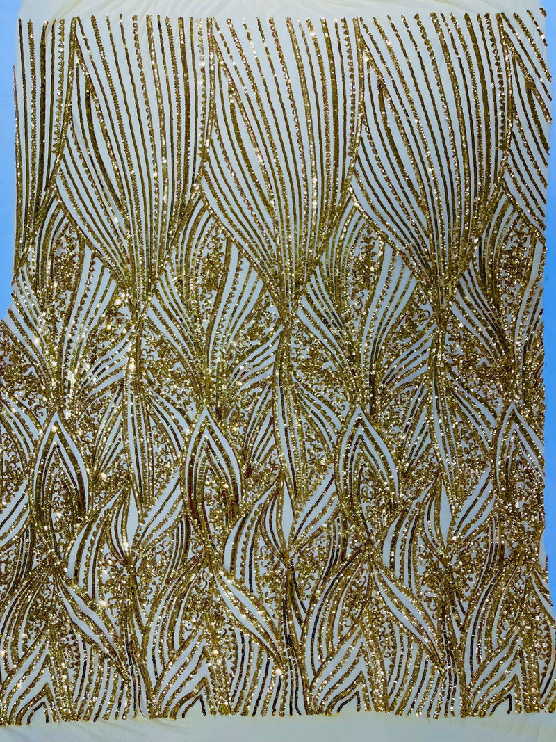 Geometric Feather wing shiny sequin design on a 4 way stretch mesh Fabric-prom-sold by the yard.