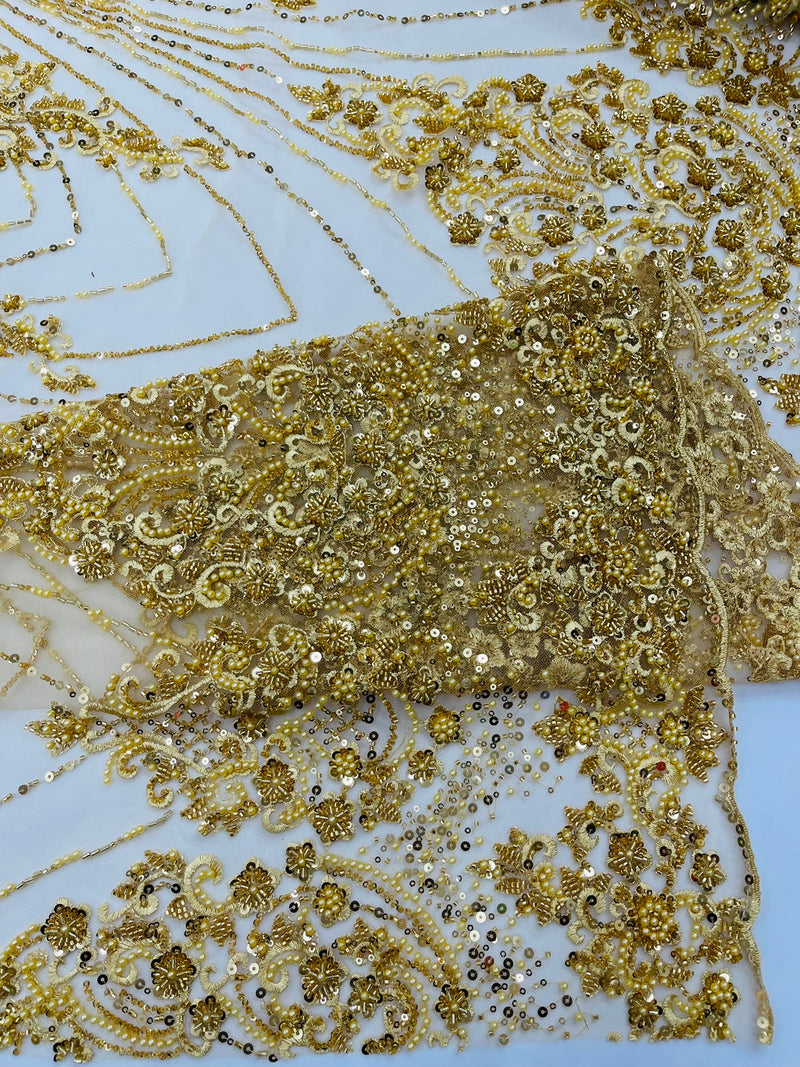 Royalty Damask Beaded Lace Luxury on Mesh, by The Yard.