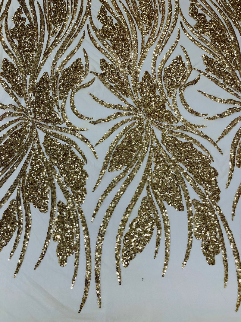 Feather damask shiny sequin design on a 4 way stretch mesh Fabric-prom-sold by The yard.