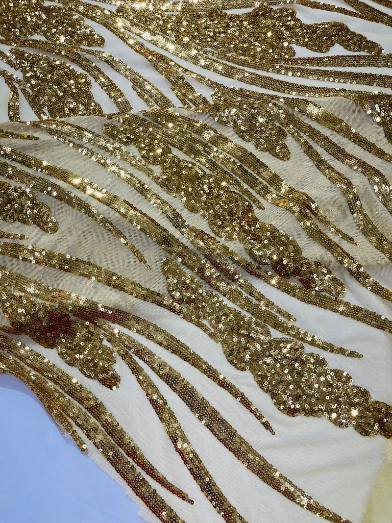 Feather damask shiny sequin design on a 4 way stretch mesh Fabric-prom-sold by The yard.