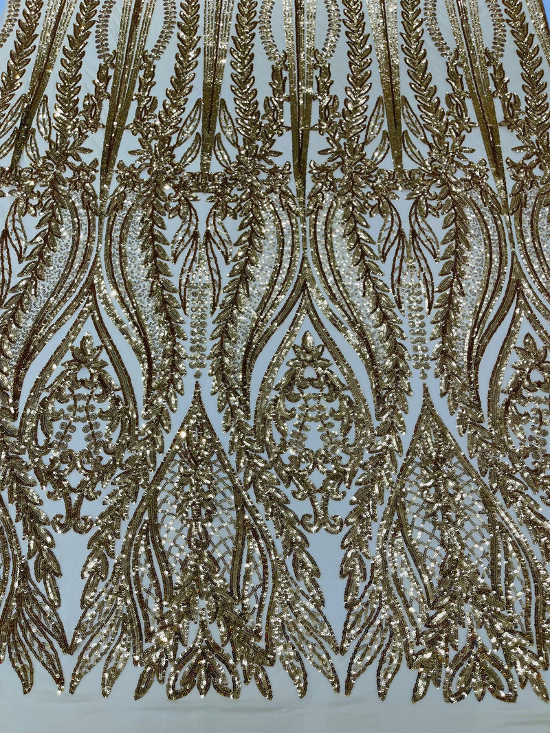 Damask design with sequins embroider on a 4 way stretch mesh fabric.