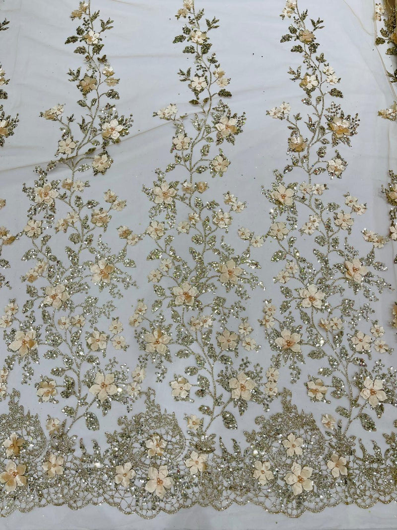 Princess Glitter 3d floral design embroidery with pearls in a mesh lace-sold by the yard.