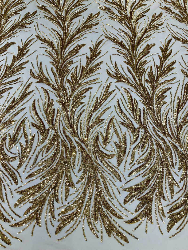 Feather Wing Shiny Sequin Design on a 4 Way Stretch mesh Fabric-Prom-Sold by The Yard.