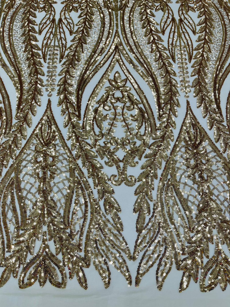 Damask design with sequins embroider on a 4 way stretch mesh fabric.