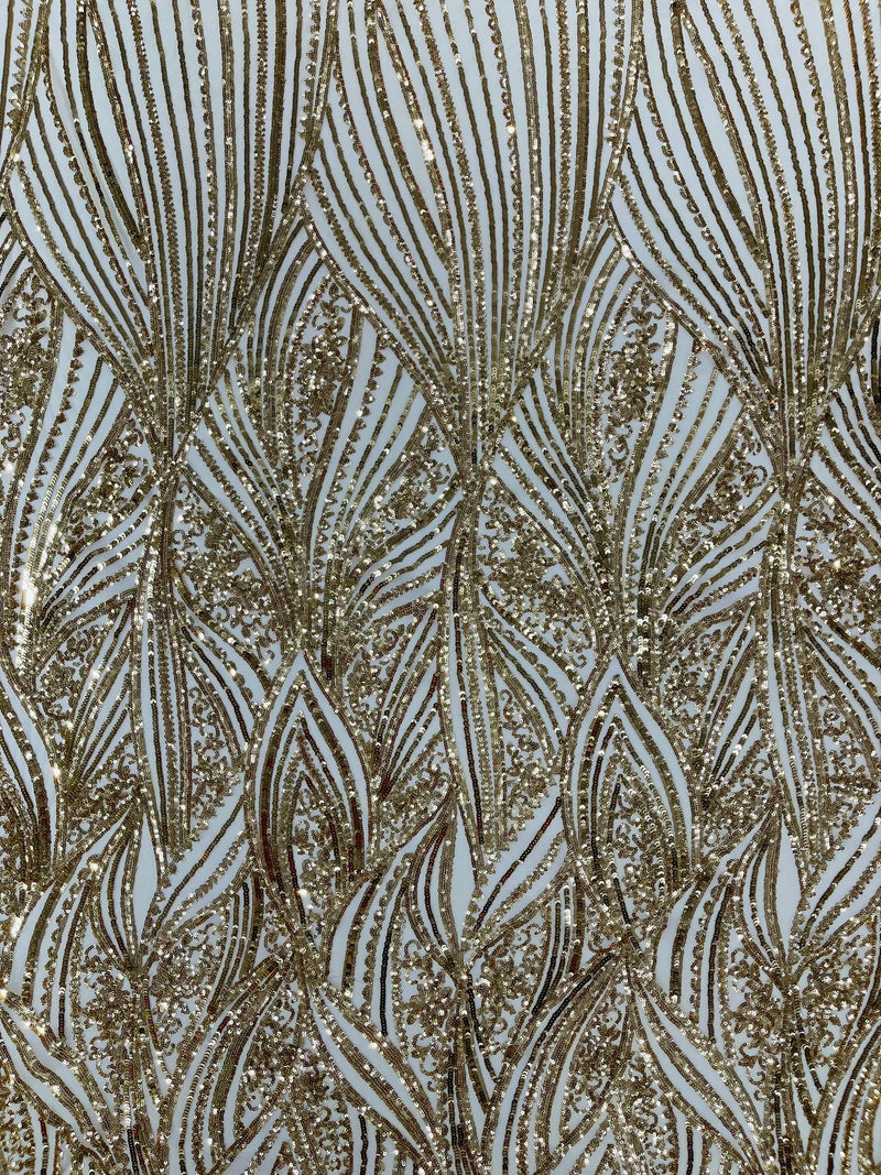 Geometric Feather wing shiny sequin design on a 4 way stretch mesh Fabric-prom-sold by the yard.