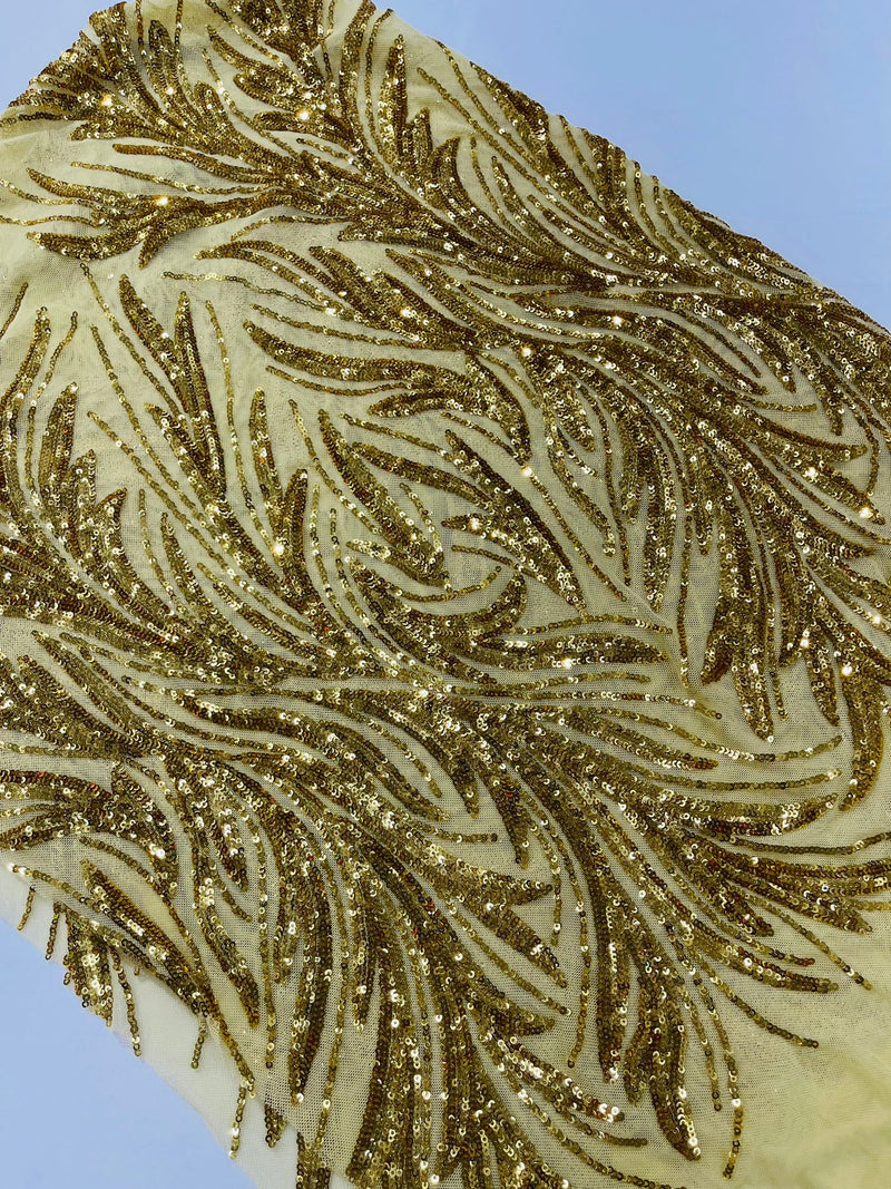 Feather Wing Shiny Sequin Design on a 4 Way Stretch mesh Fabric-Prom-Sold by The Yard.