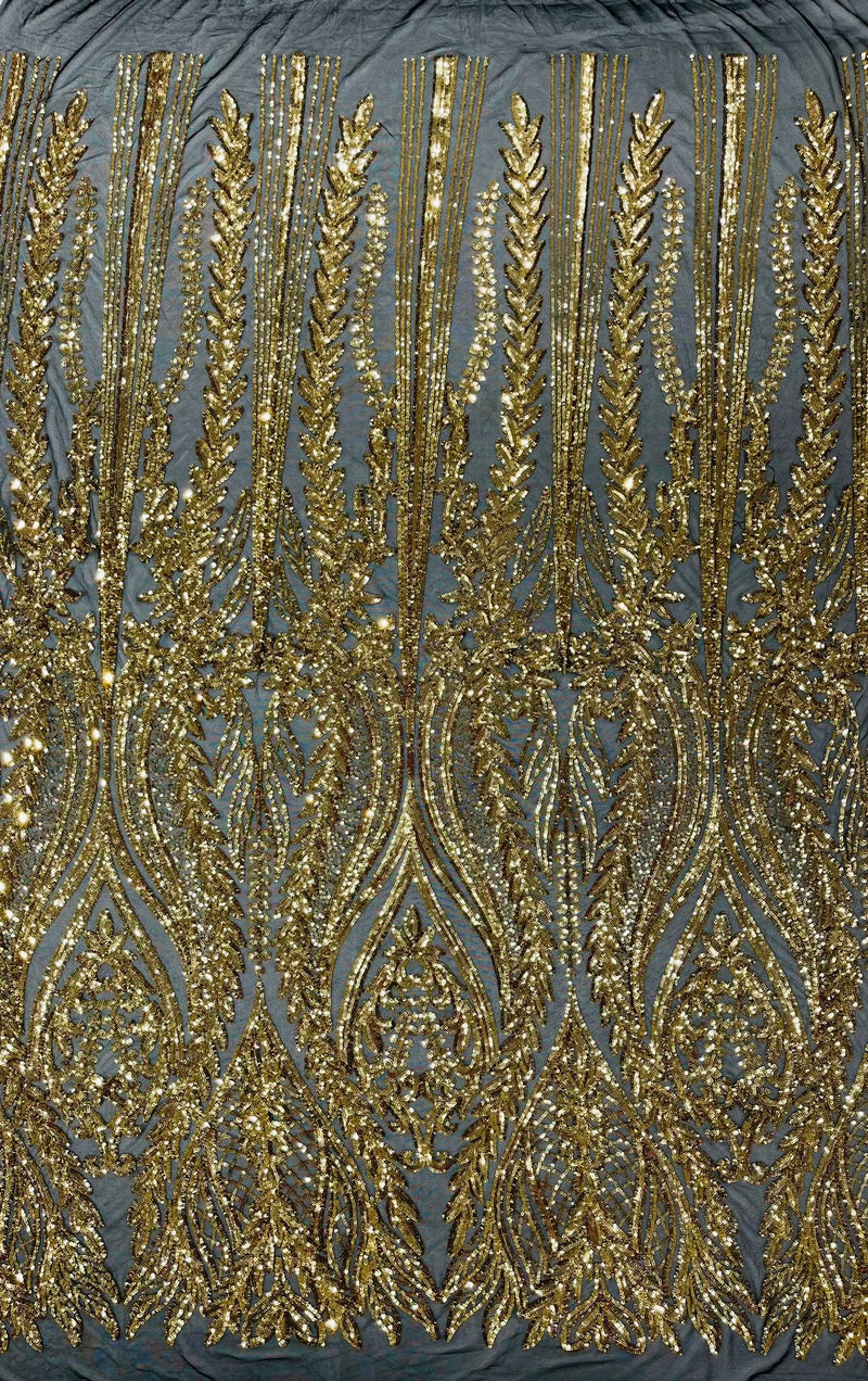 Damask design with sequins embroider on a 4 way stretch mesh fabric.