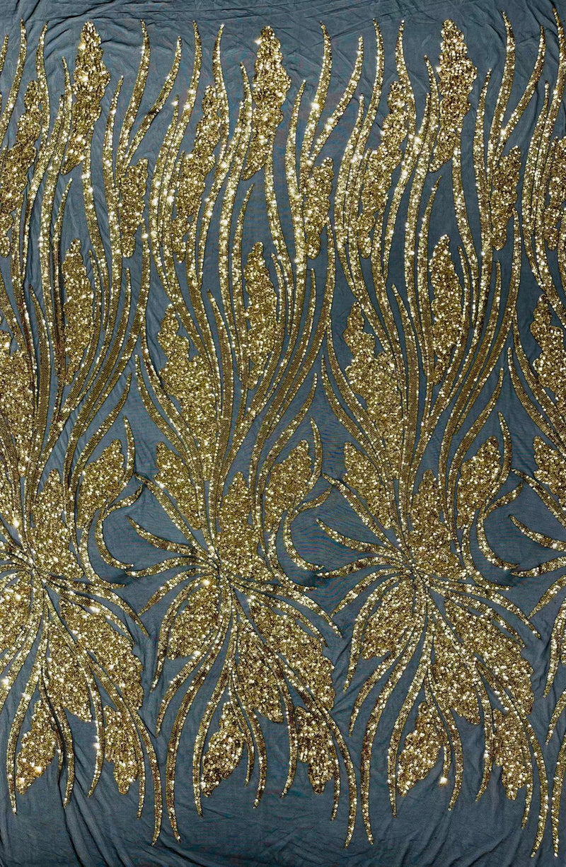 Feather damask shiny sequin design on a 4 way stretch mesh Fabric-prom-sold by The yard.