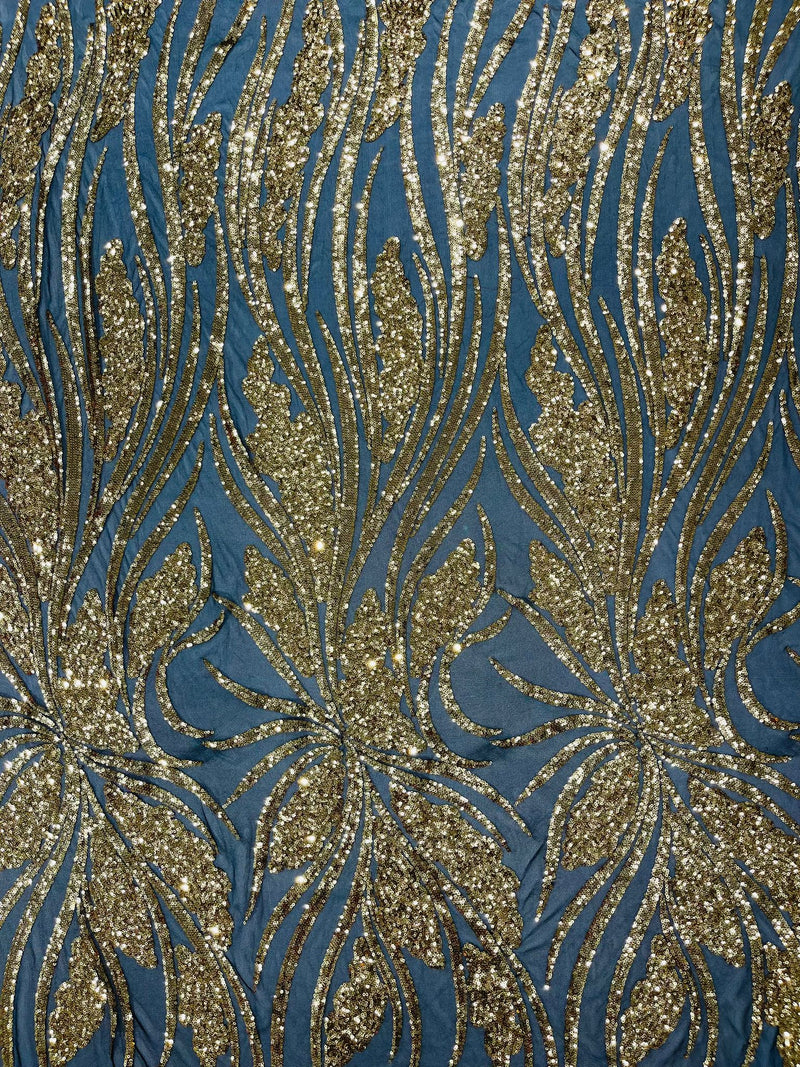 Feather damask shiny sequin design on a 4 way stretch mesh Fabric-prom-sold by The yard.