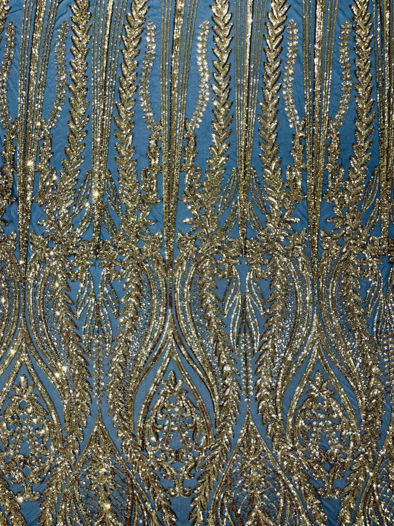 Damask design with sequins embroider on a 4 way stretch mesh fabric.