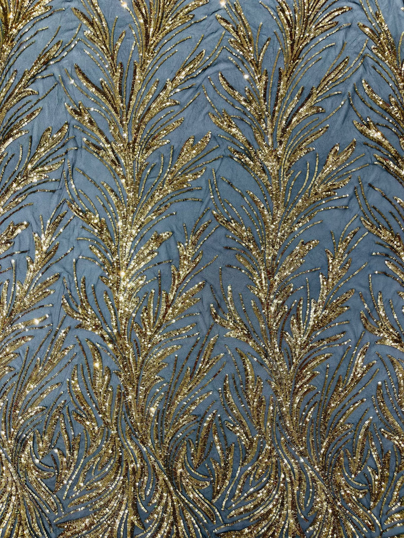 Feather Wing Shiny Sequin Design on a 4 Way Stretch mesh Fabric-Prom-Sold by The Yard.