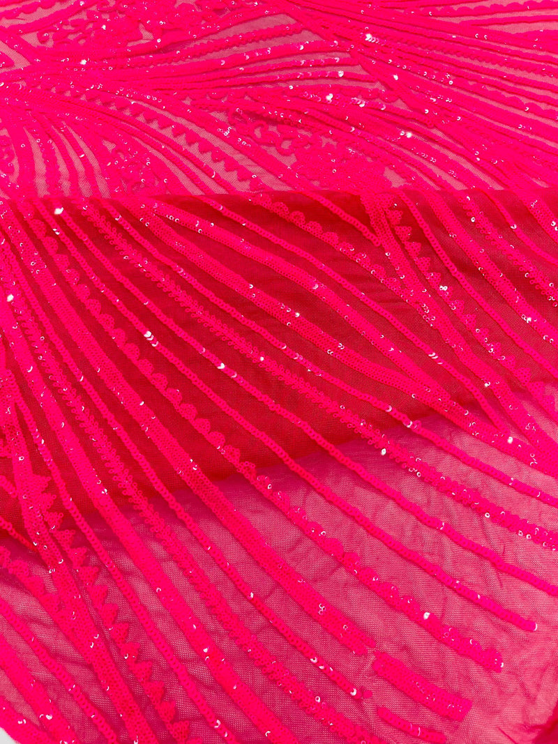 Geometric Feather wing shiny sequin design on a 4 way stretch mesh Fabric-prom-sold by the yard.