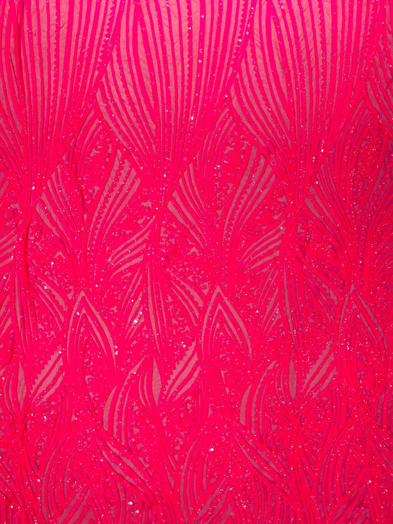 Geometric Feather wing shiny sequin design on a 4 way stretch mesh Fabric-prom-sold by the yard.