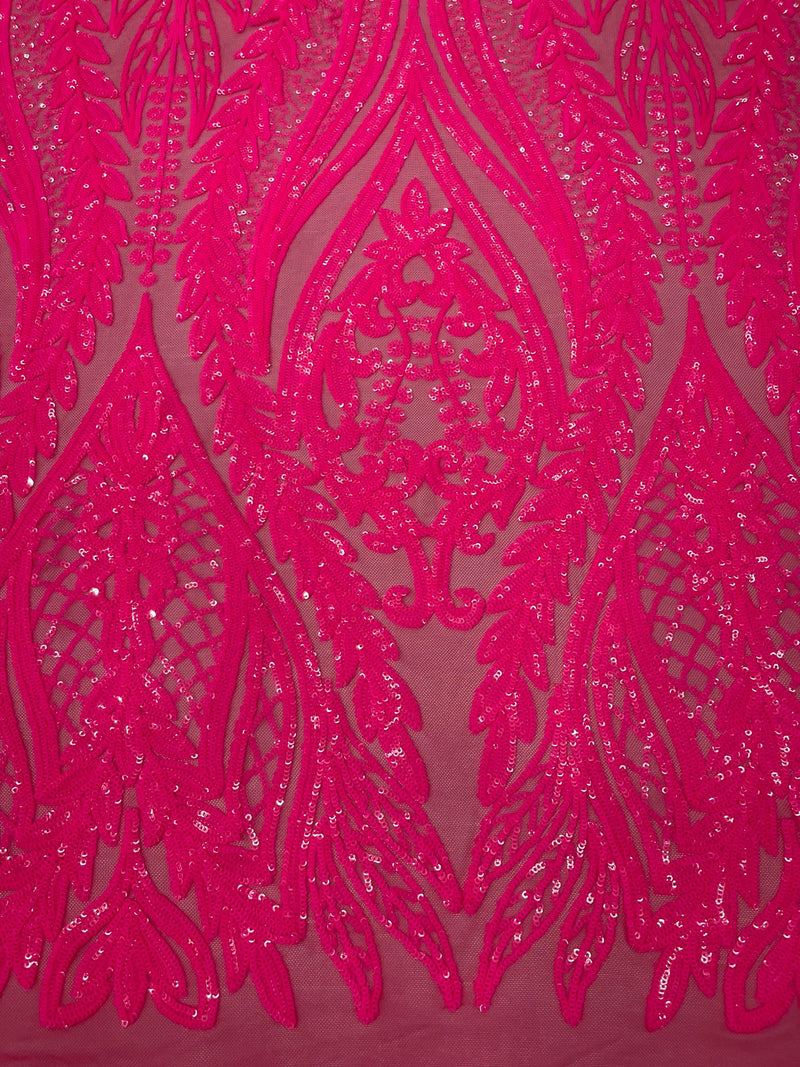 Damask design with sequins embroider on a 4 way stretch mesh fabric.