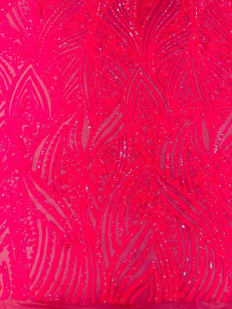 Geometric Feather wing shiny sequin design on a 4 way stretch mesh Fabric-prom-sold by the yard.