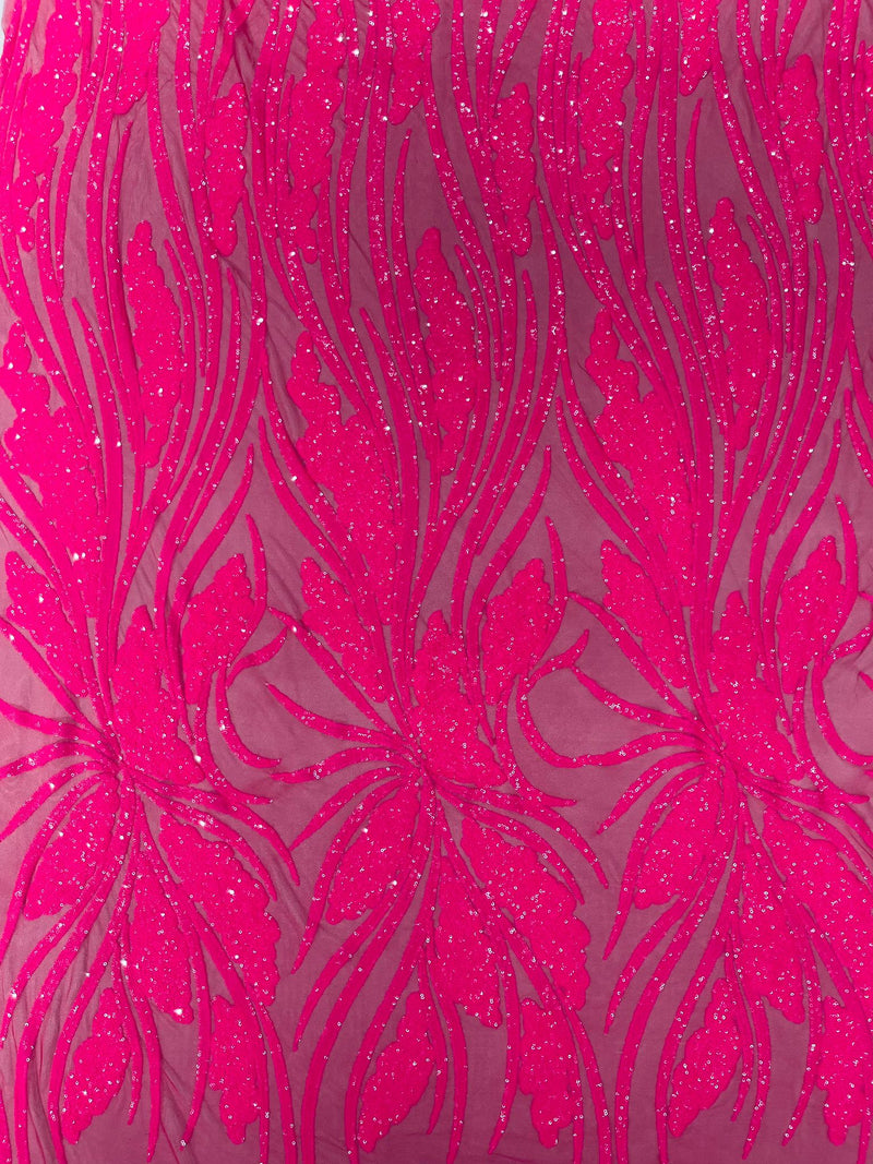 Feather damask shiny sequin design on a 4 way stretch mesh Fabric-prom-sold by The yard.