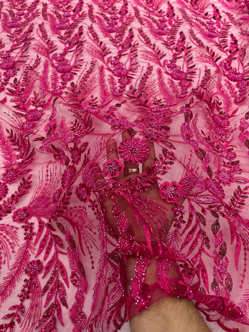 Feather and Vine Beaded Lace Fabric, by The Yard