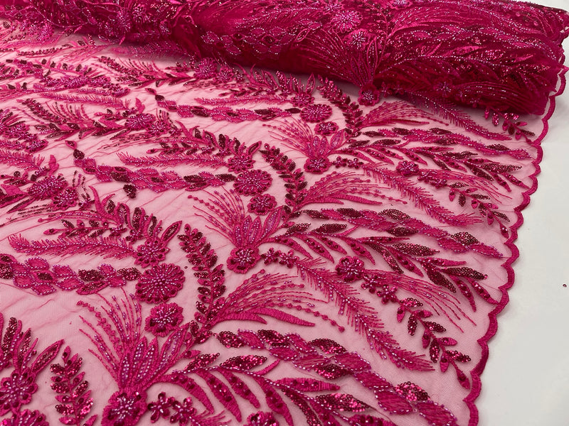 Feather and Vine Beaded Lace Fabric, by The Yard