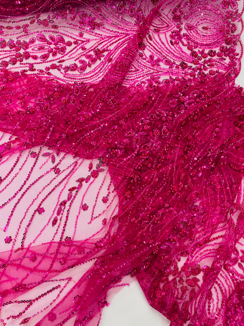 Modern Luxury Beaded Fabric Embroidered on a Mesh Lace, Sold by The Yard.