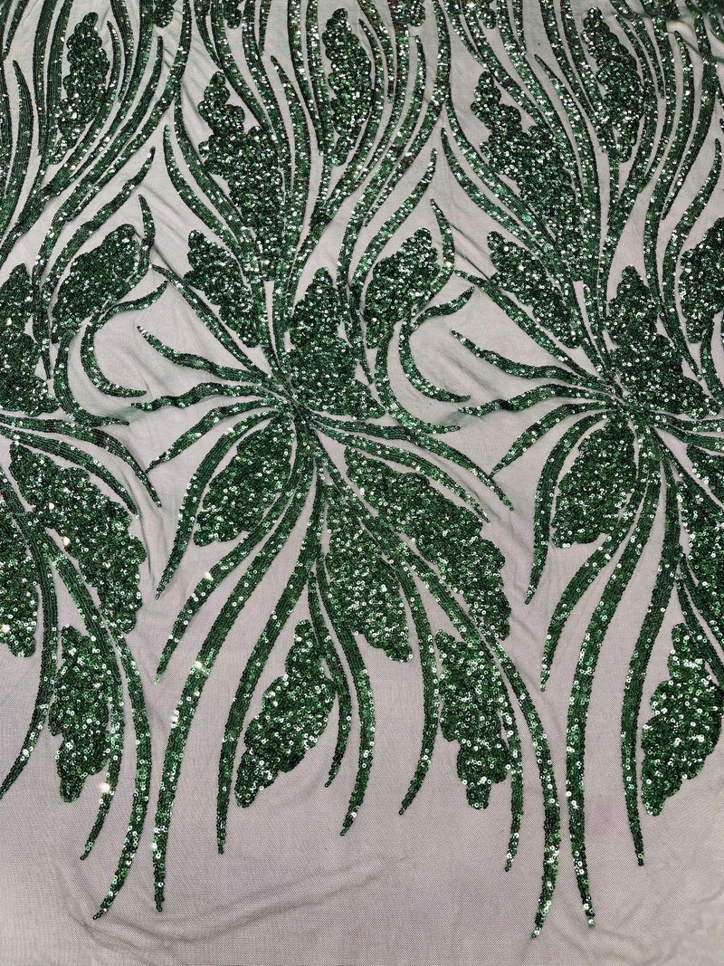 Feather damask shiny sequin design on a 4 way stretch mesh Fabric-prom-sold by The yard.