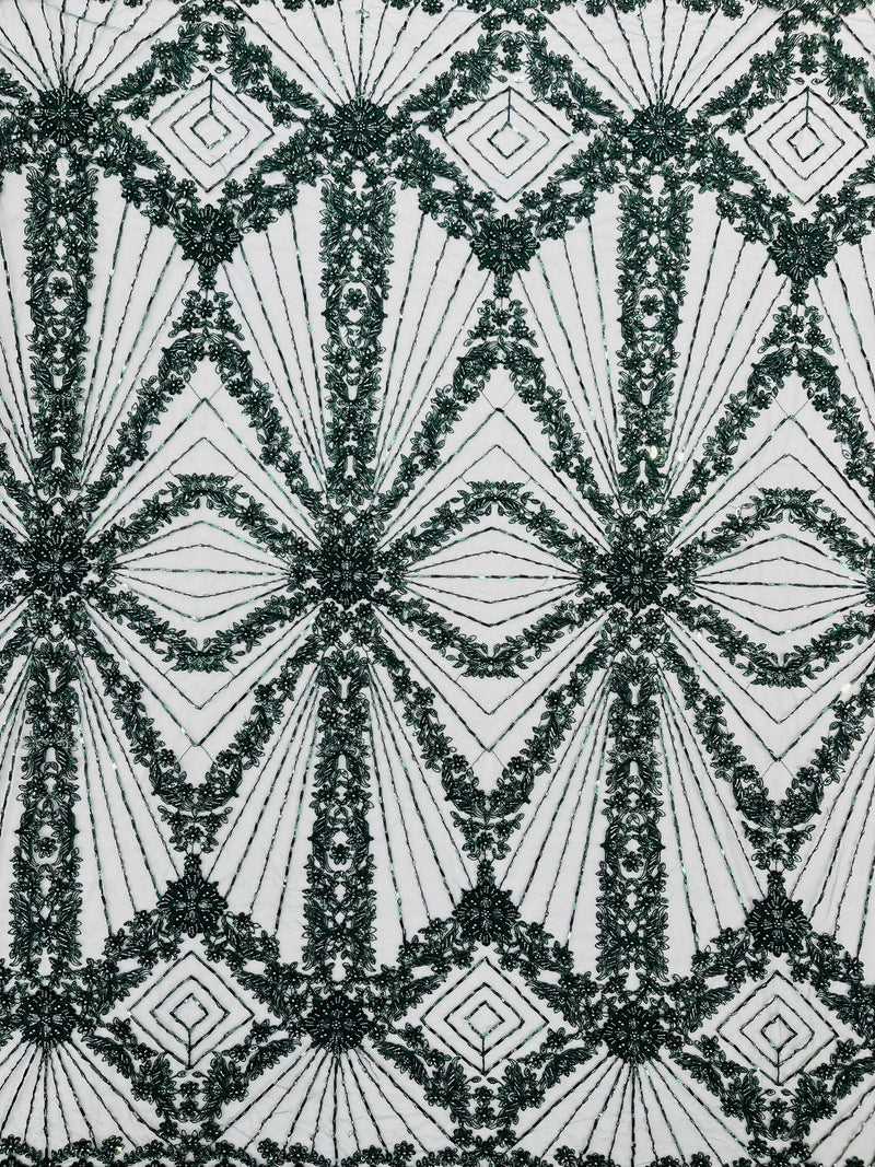 Luxury Bridal Fabric with Geometric Beading on a mesh, by The Yard.