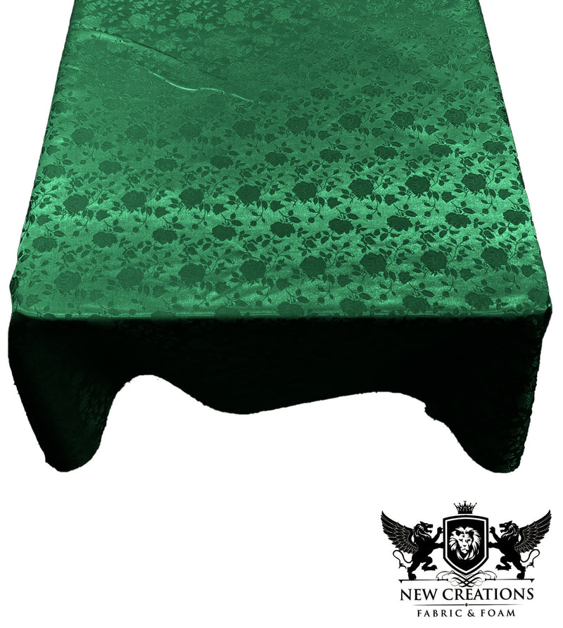 Hunter Green Square Tablecloth Roses Jacquard Satin Overlay for Small Coffee Table Seamless. (58" Inches x 58" Inches)