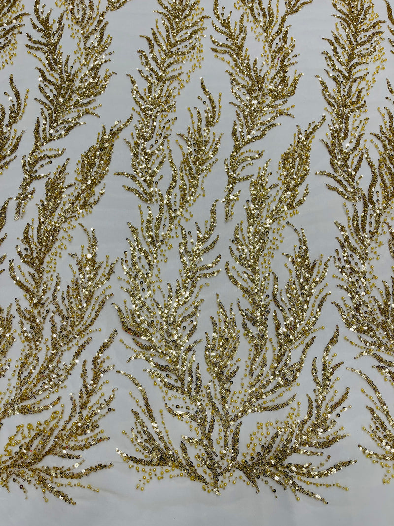 VINE BEADED LACE ON MESH FABRIC (By The Yard)