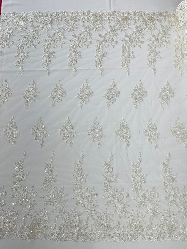 Floral design embroider and beaded on a mesh lace fabric-Wedding/Bridal/Prom/Nightgown fabric