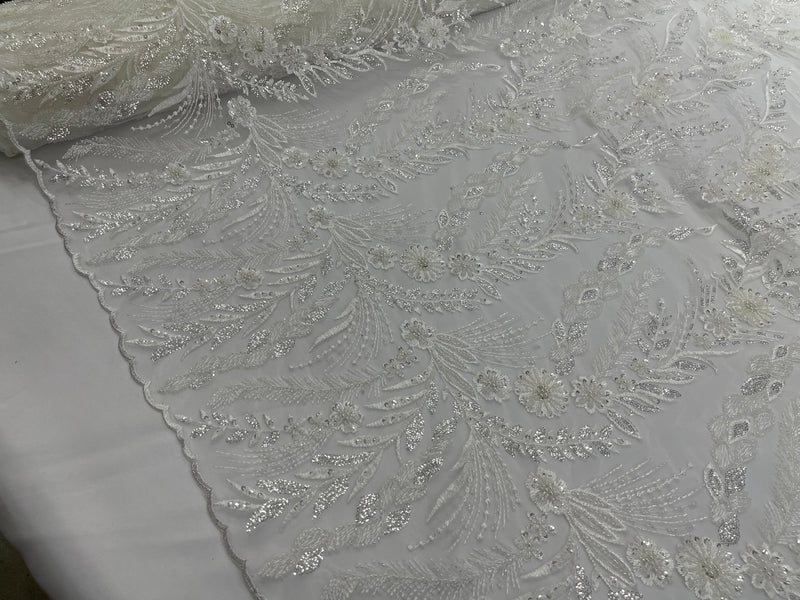 Feather and Vine Beaded Lace Fabric, by The Yard