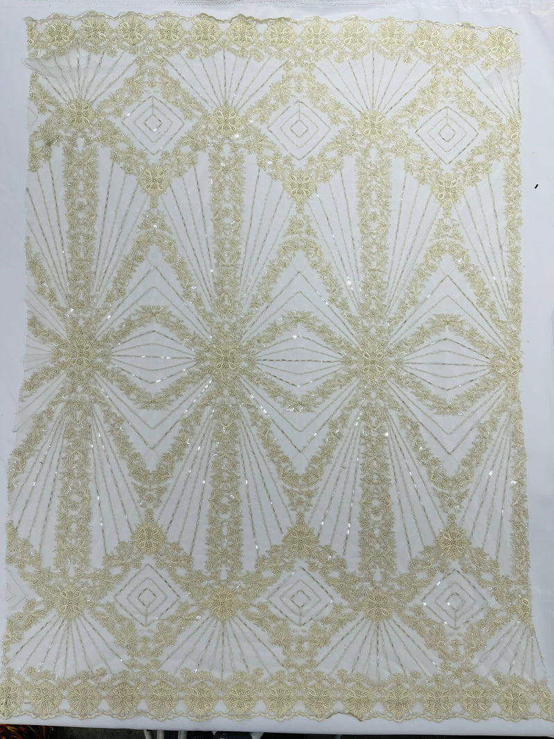 Luxury Bridal Fabric with Geometric Beading on a mesh, by The Yard.