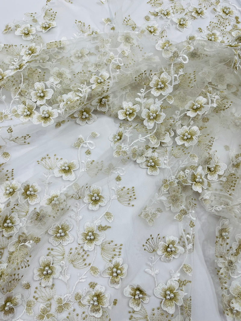 Multi Color 3D Floral Design Embroider with Pearls in a Mesh Lace Fabric -Sold by the yard.