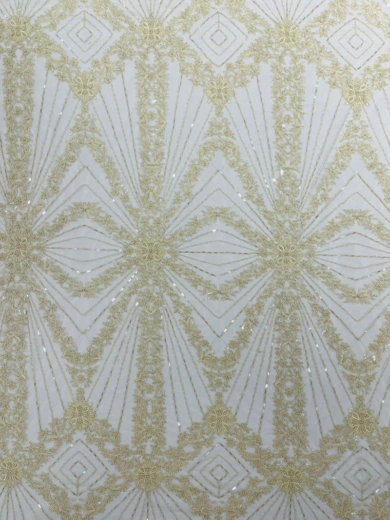 Luxury Bridal Fabric with Geometric Beading on a mesh, by The Yard.