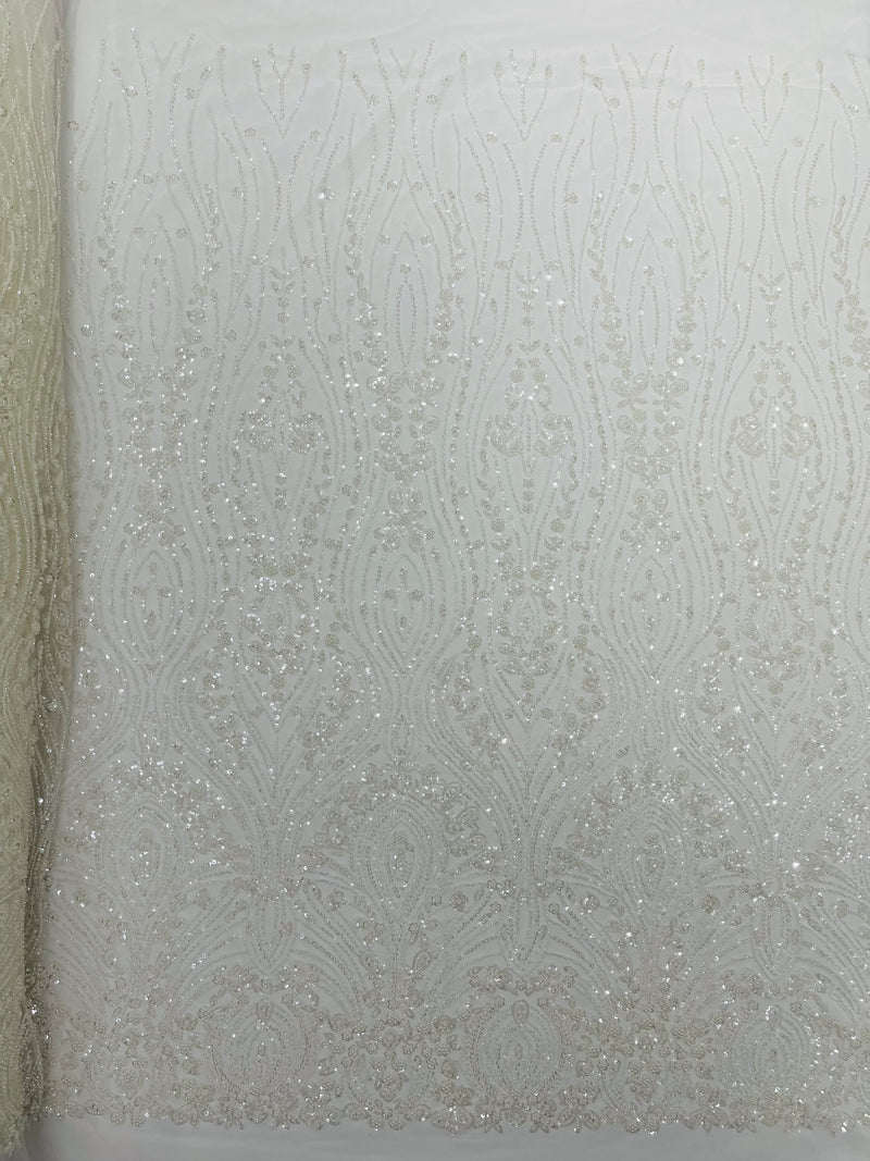 Modern Luxury Beaded Fabric Embroidered on a Mesh Lace, Sold by The Yard.