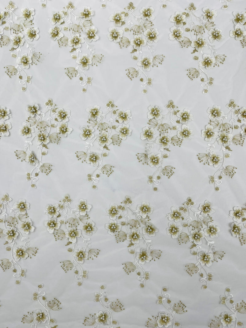 Multi Color 3D Floral Design Embroider with Pearls in a Mesh Lace Fabric -Sold by the yard.