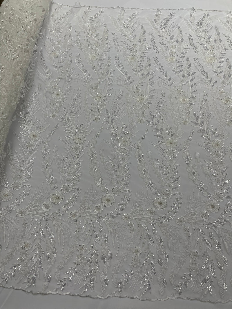 Feather and Vine Beaded Lace Fabric, by The Yard