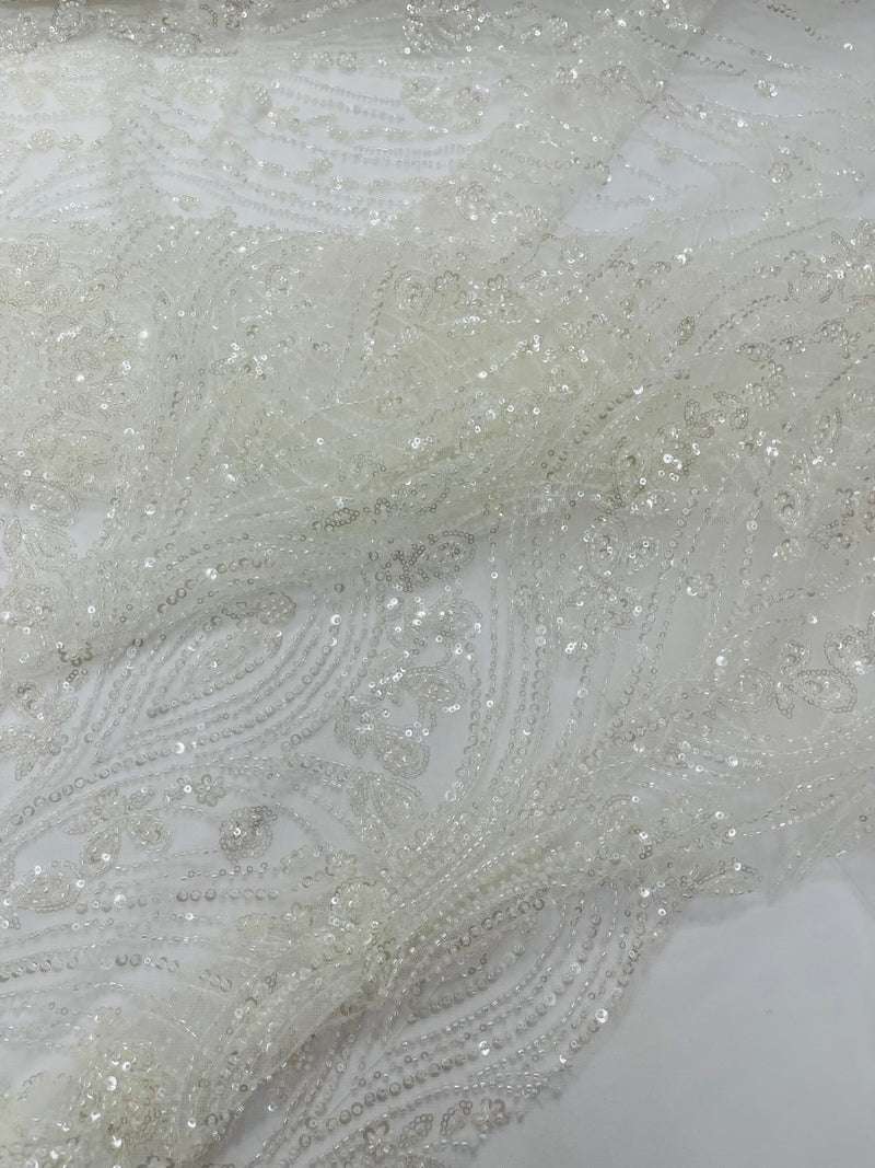 Modern Luxury Beaded Fabric Embroidered on a Mesh Lace, Sold by The Yard.